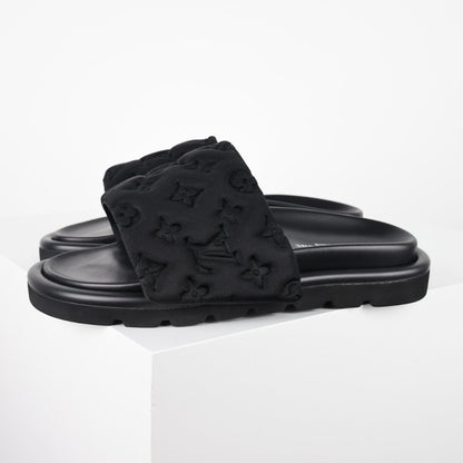 L***V All-Black Quilted Diamond Texture Wide Strap Slide Sandals — Spring Summer Boutique Limited Edition