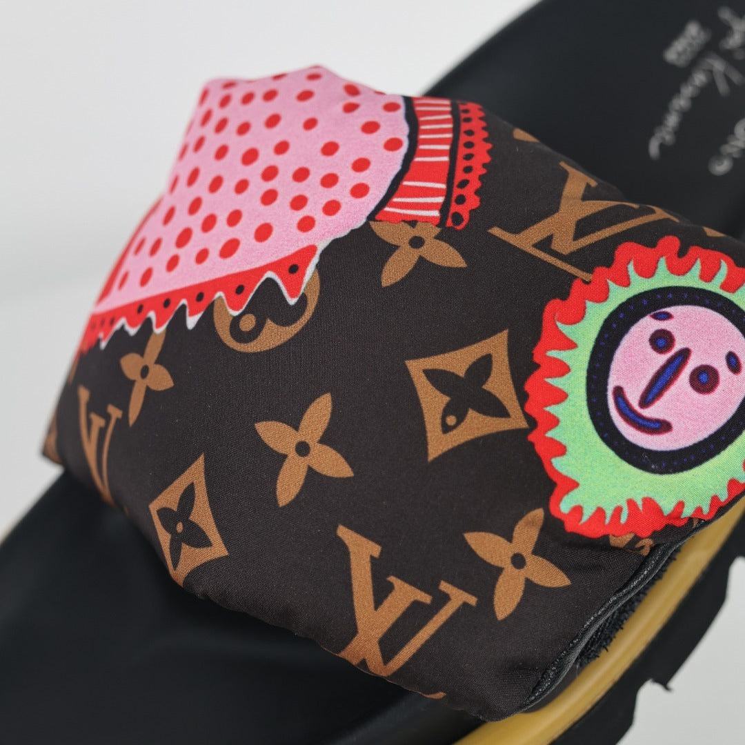 L***V Brown Monogram Graffiti Circle Print Wide Strap Platform Slide Sandals — Spring Summer Boutique Limited Edition