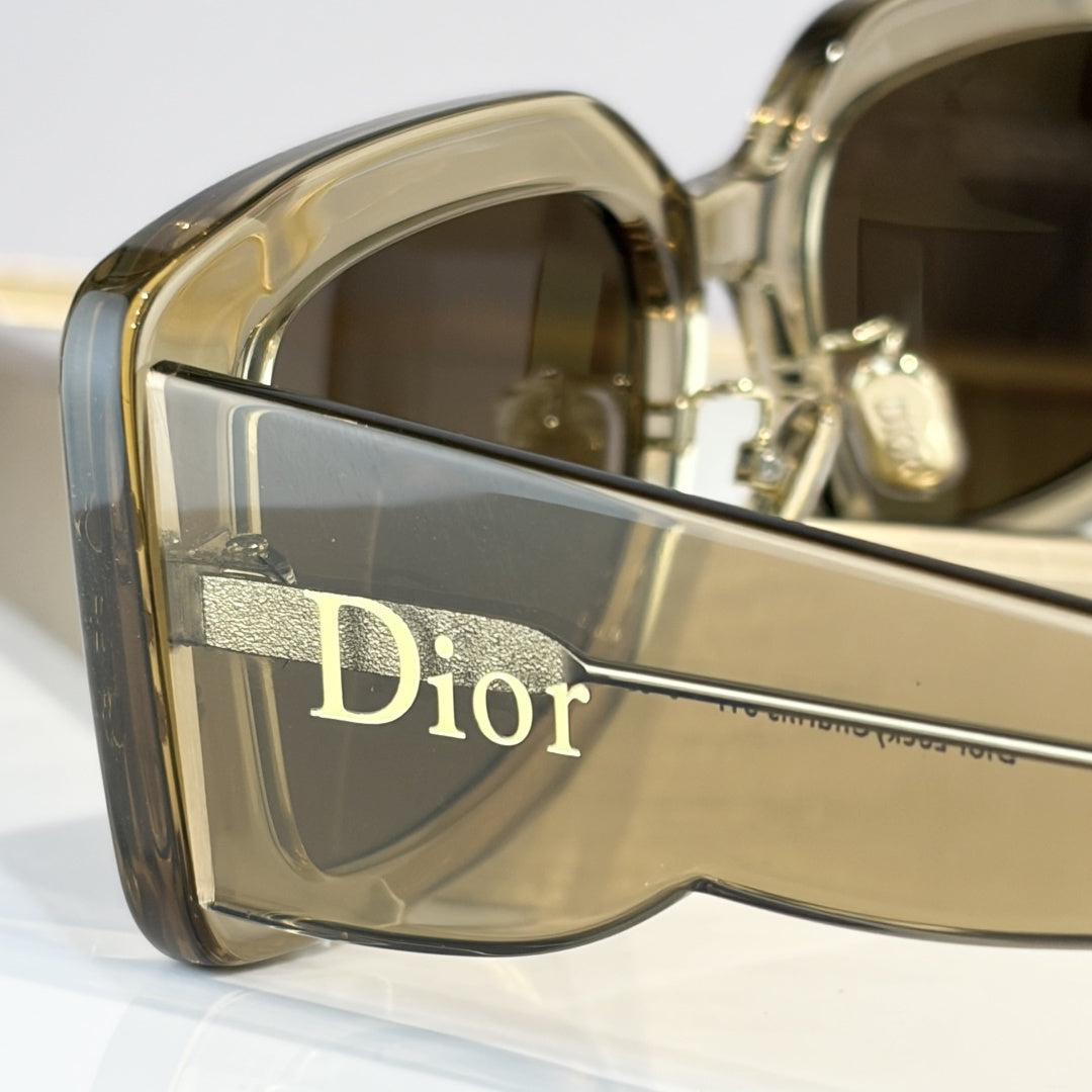 D**R Slim Rectangular Sunglasses | Transparent Khaki Frame, Brown Lenses & Gold Logo Temple