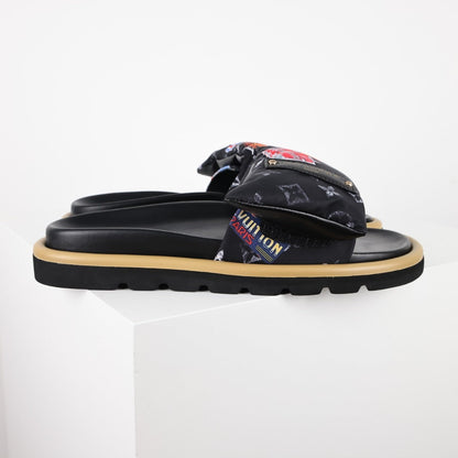 L***V Monogram Eclipse Black Multicolor Badge Patch Wide Strap Slide Sandals — Spring Summer Boutique Limited Edition