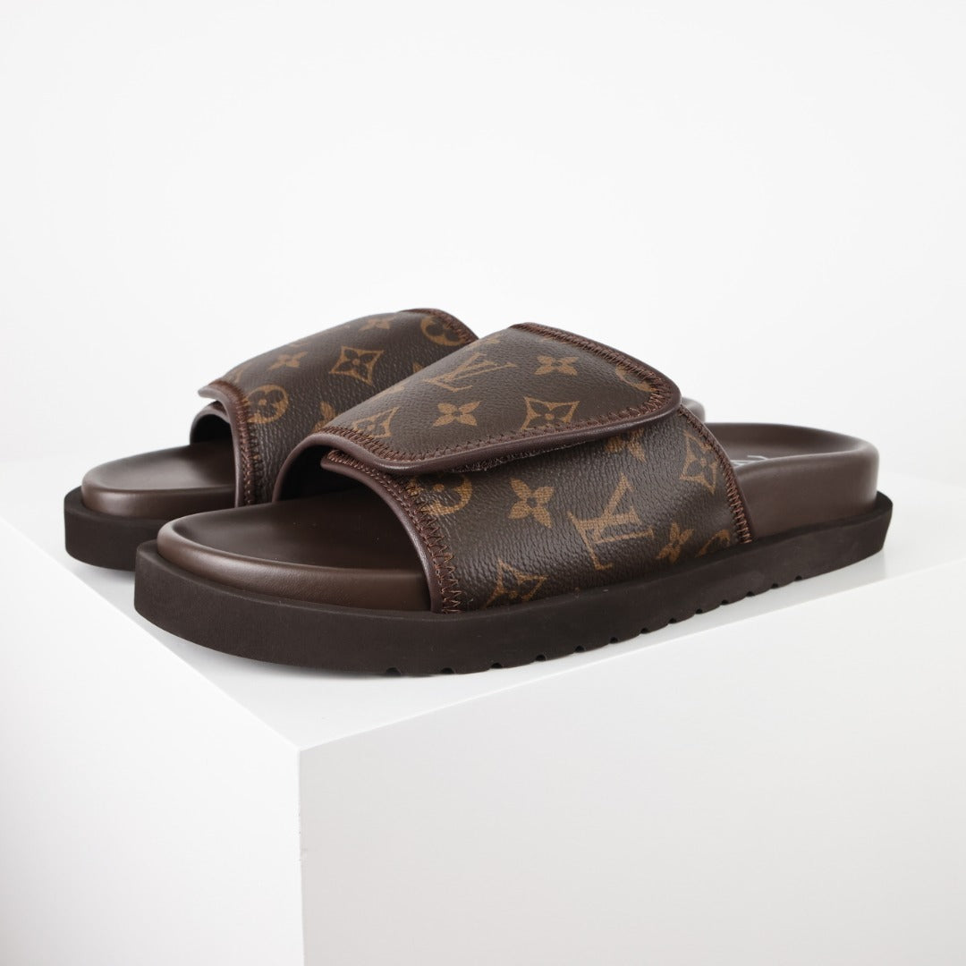 L***V Damier Ebene Dark Brown Velcro Adjustable Wide Strap Miami Slide Sandals — Spring Summer Boutique Limited Edition