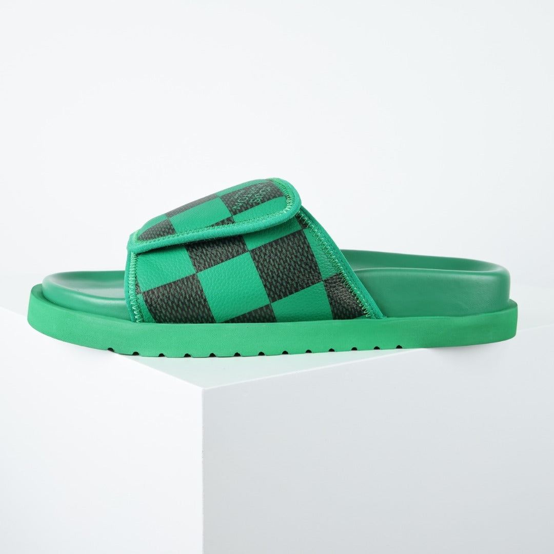L***V Grass Green Black Damier Checkerboard Velcro Adjustable Wide Strap Miami Slide Sandals — Spring Summer Boutique Limited Edition