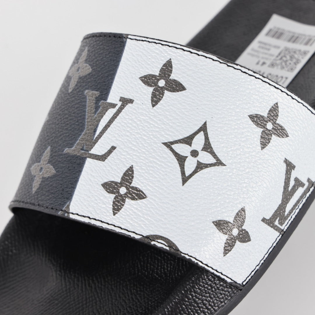 L***V White Black Grey Giant Monogram Waterfront Wide Strap Slide Sandals — Spring Summer Boutique Limited Edition