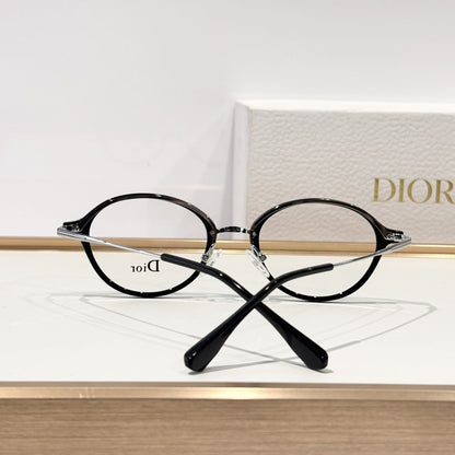 D**R Round Optical Glasses | Black Acetate Top & Silver Metal Bottom Combination Frame, Dior Script Lens Print, Rivet Detail