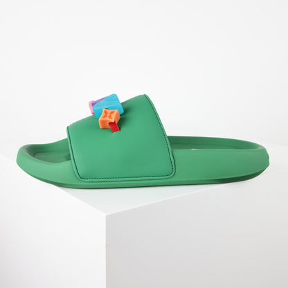 L***V Rubber Pool Slide Sandals — SS23 Limited Edition 3D Logo Charm Slip-On Beach Slippers (Emerald Green)