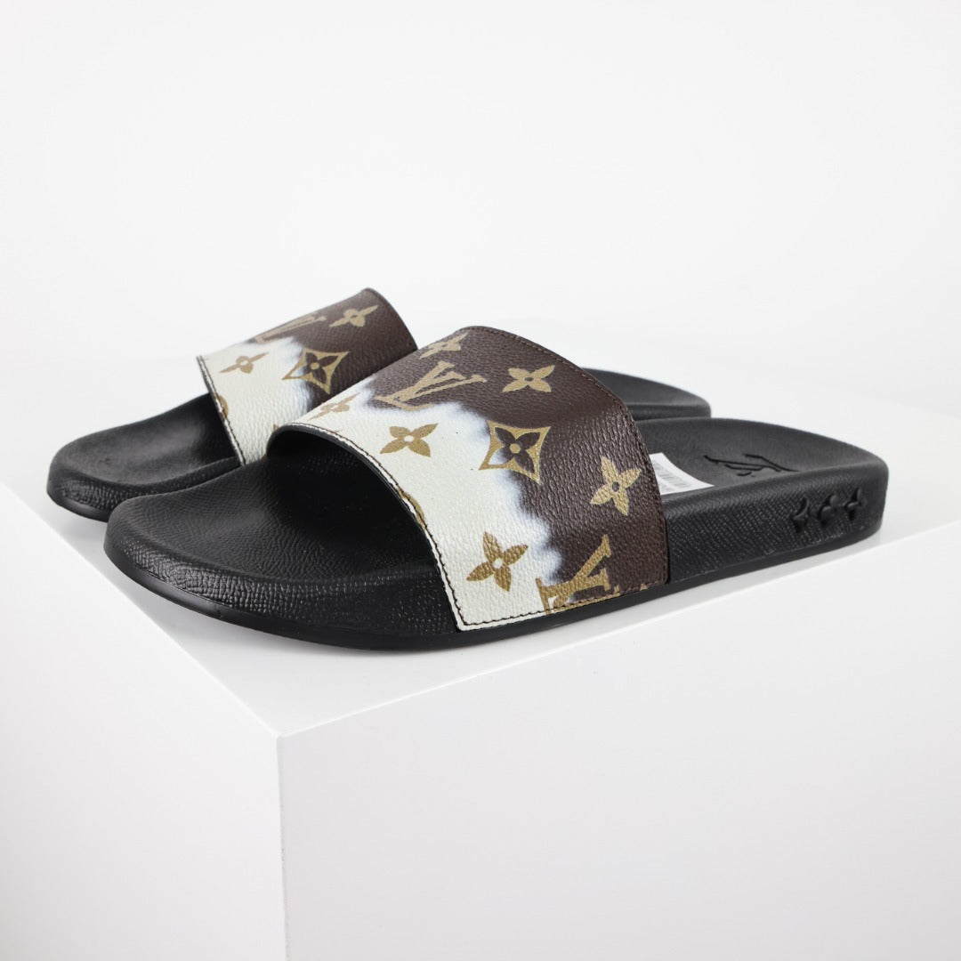 L***V Brown Cream Split Colorblock Monogram Waterfront Wide Strap Slide Sandals — Spring Summer Boutique Limited Edition