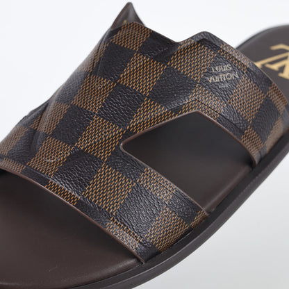 L***V Dark Brown Damier Ebene Embossed Leather H-Strap Multi-Band Oasis Flat Slide Sandals — Spring Summer Boutique Limited Edition