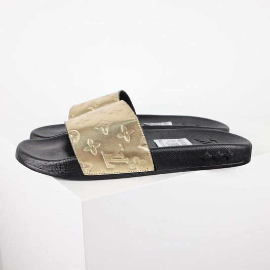 L***V Gold Mirror Metallic Embossed Monogram Waterfront Wide Strap Slide Sandals — Spring Summer Boutique Limited Edition