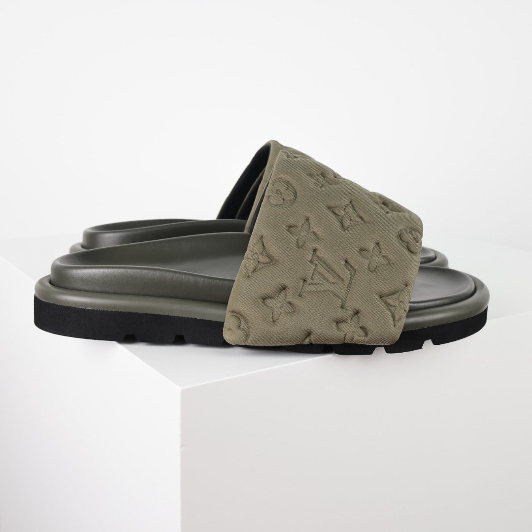 L***V Monogram Embossed Suede Slide Sandals — Quilted Wide Band Slip-On Pool Beach Slippers (8 Colors)