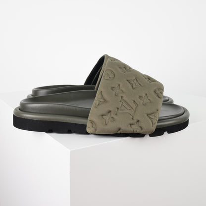 L***V Monogram Embossed Suede Slide Sandals — Quilted Wide Band Slip-On Pool Beach Slippers (8 Colors)