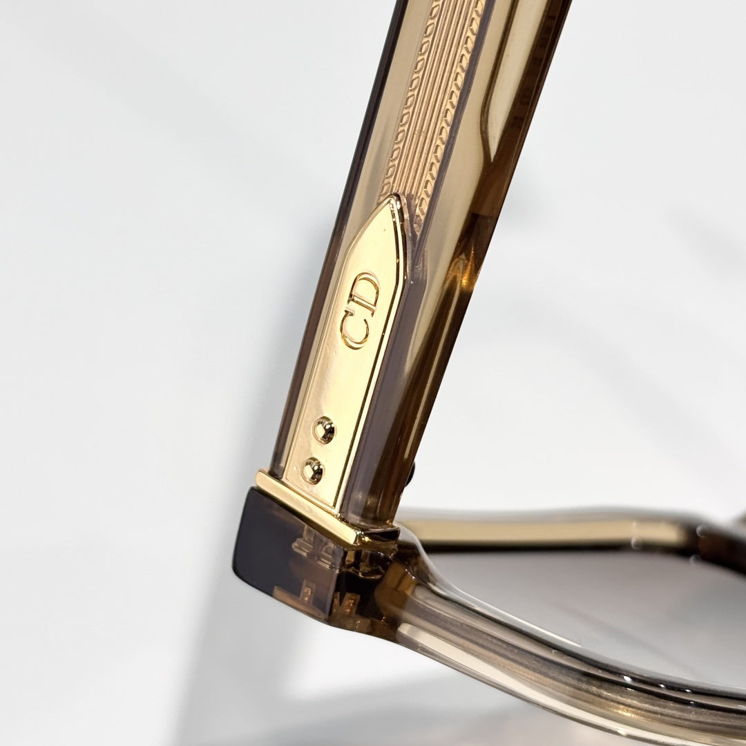 D**R Oversized Square Acetate Sunglasses | Transparent Champagne Frame, Gold CD Rivet, Gold Metal Tip, Flat Brown Lenses