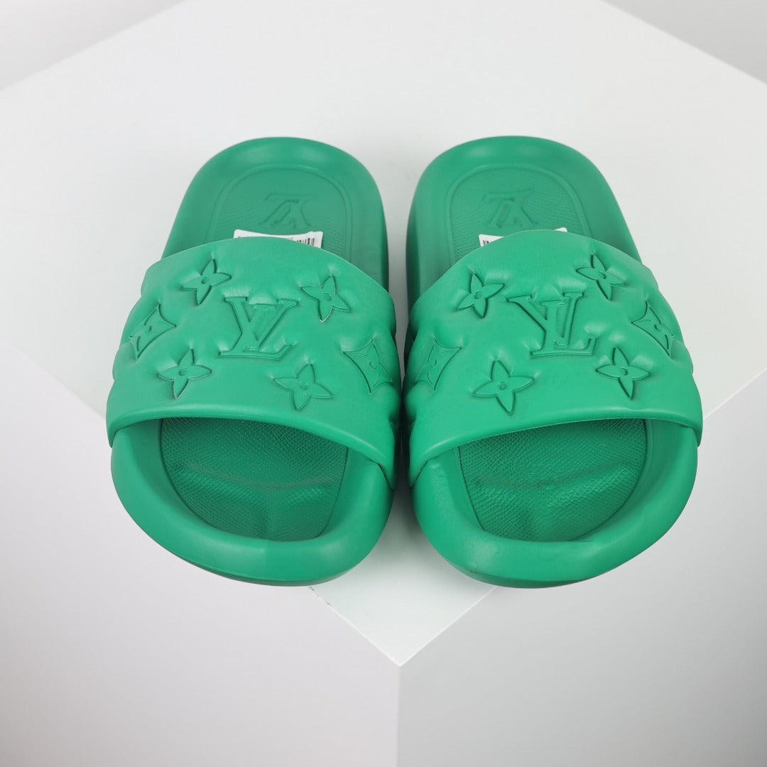 L***V Kelly Green Tonal Monogram Embossed Waterproof EVA Waterfront Wide Strap Slide Sandals — Spring Summer Boutique Limited Edition