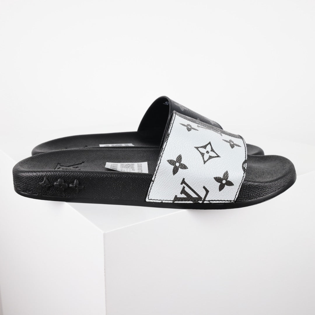 L***V White Black Grey Giant Monogram Waterfront Wide Strap Slide Sandals — Spring Summer Boutique Limited Edition
