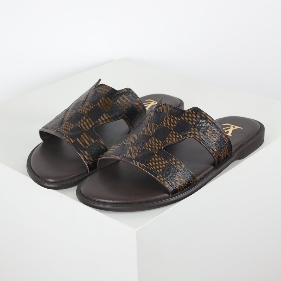 L***V Dark Brown Damier Ebene Embossed Leather H-Strap Multi-Band Oasis Flat Slide Sandals — Spring Summer Boutique Limited Edition