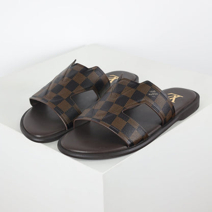 L***V Dark Brown Damier Ebene Embossed Leather H-Strap Multi-Band Oasis Flat Slide Sandals — Spring Summer Boutique Limited Edition