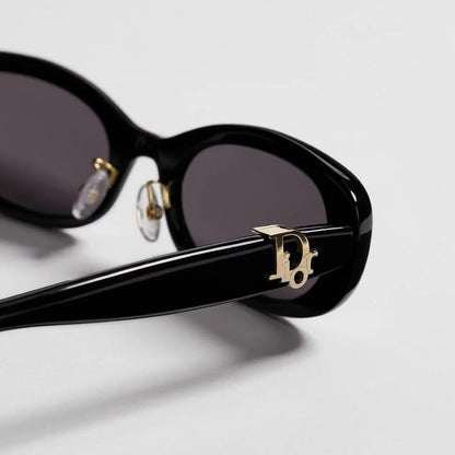 D**R Slim Narrow Oval Sunglasses with Glossy Black Acetate Frame, Dark Grey Lenses & Gold CD Hinge Hardware