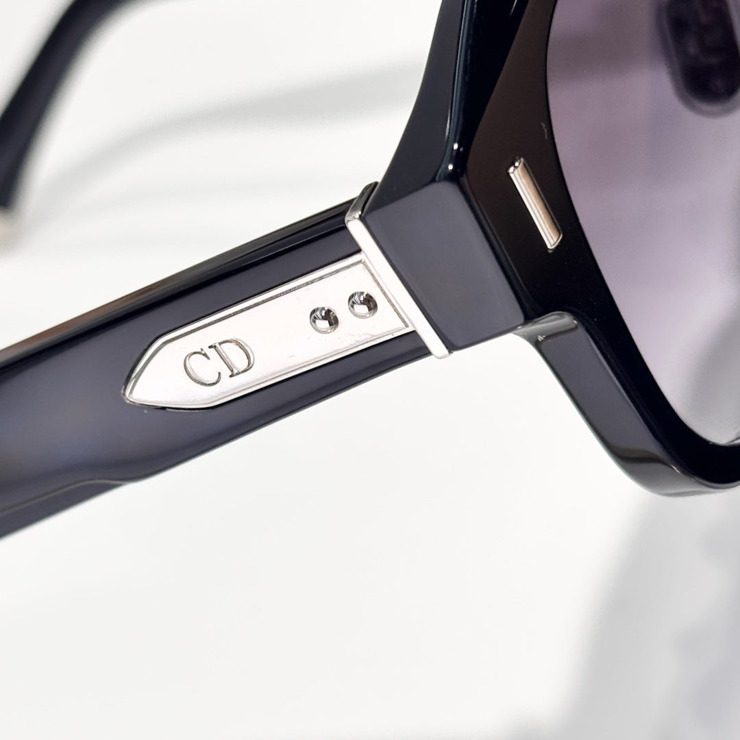 D**R Oversized Square Acetate Sunglasses | Gloss Black Frame, CD Rivet Temple, Silver Metal Tip, Light Gradient Grey Lenses