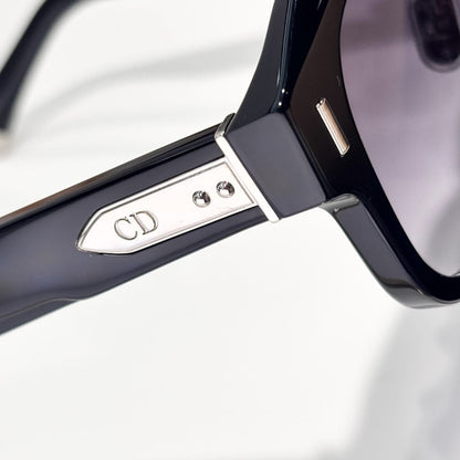 D**R Oversized Square Acetate Sunglasses | Gloss Black Frame, CD Rivet Temple, Silver Metal Tip, Light Gradient Grey Lenses