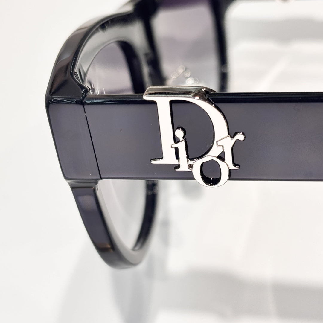 D**R Square Cat-Eye Sunglasses | Gloss Black Acetate Frame, Gold CD Letter Hinge Inlay, Gradient Grey Lenses
