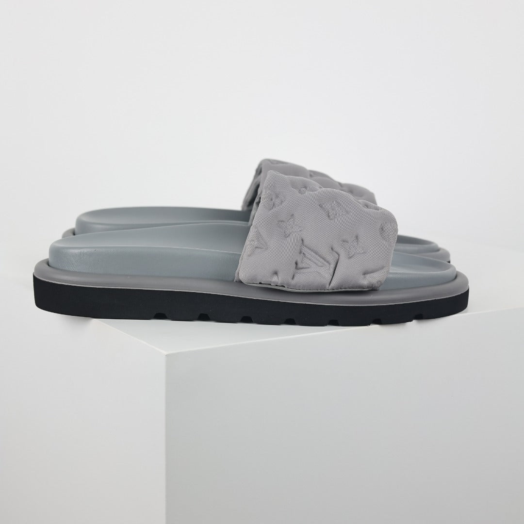 L***V Light Grey Tonal Embossed Monogram Wide Strap Flat Slide Sandals — 2024 Spring Summer Boutique Limited Edition