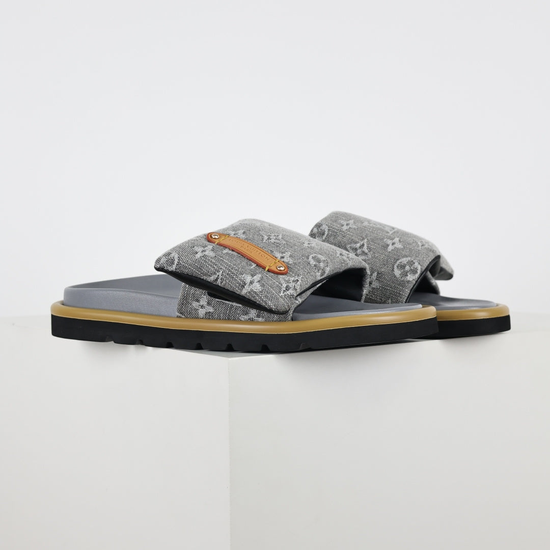 L***V Grey Denim Monogram Canvas Leather Buckle Strap Wide Band Platform Slide Sandals — Spring Summer Boutique Limited Edition