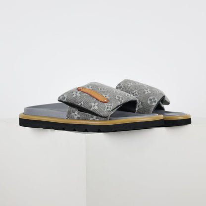 L***V Grey Denim Monogram Canvas Leather Buckle Strap Wide Band Platform Slide Sandals — Spring Summer Boutique Limited Edition