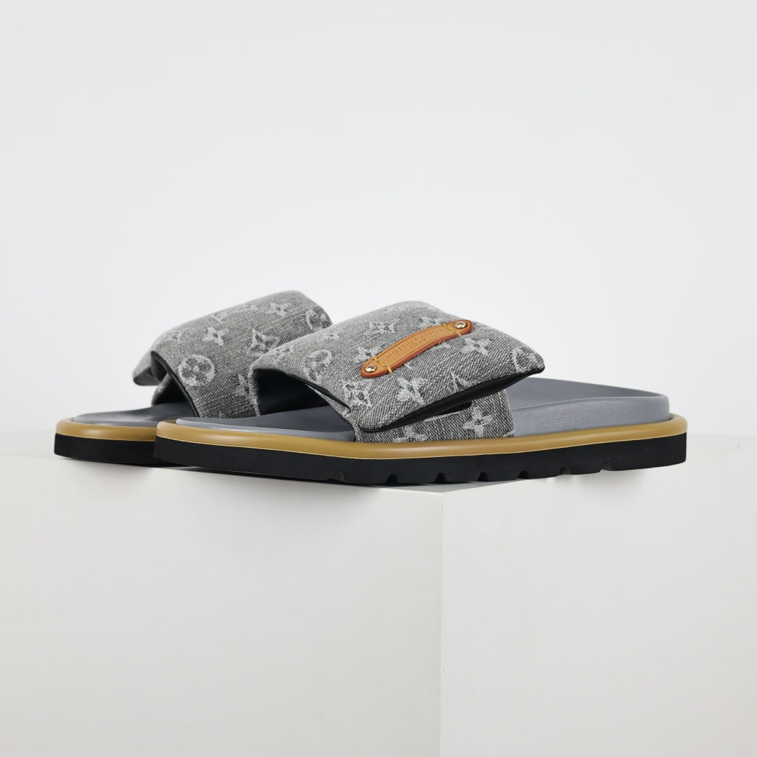 L***V Grey Denim Monogram Canvas Leather Buckle Strap Wide Band Platform Slide Sandals — Spring Summer Boutique Limited Edition