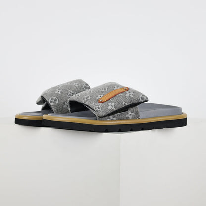L***V Grey Denim Monogram Canvas Leather Buckle Strap Wide Band Platform Slide Sandals — Spring Summer Boutique Limited Edition