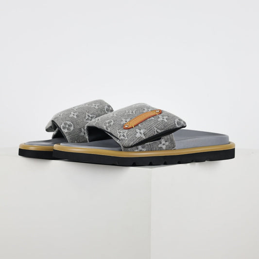 L***V Grey Denim Monogram Canvas Leather Buckle Strap Wide Band Platform Slide Sandals — Spring Summer Boutique Limited Edition