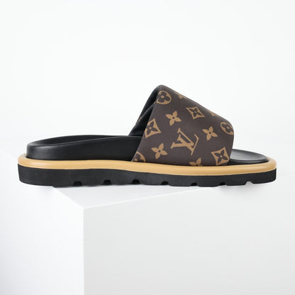 L***V Monogram Canvas LV Logo Slide Sandals — SS24 Gold Hardware Wide Band Slip-On Pool Beach Slippers (4 Colors)