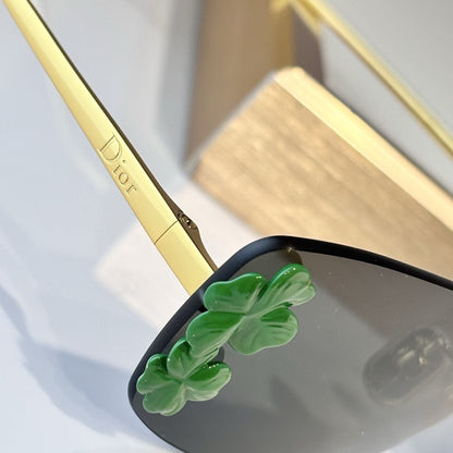 D**R Slim Rimless Rectangular Sunglasses with Dark Green Solid Lenses, Gold Metal Temples & Emerald Green Flower Cluster Embellishment