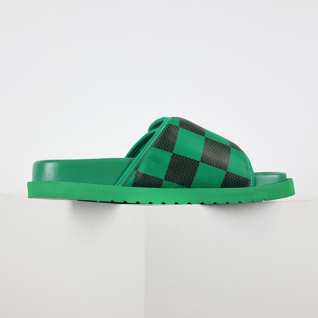 L***V Grass Green Black Damier Checkerboard Inflated Pillow Leather Velcro Double Strap Miami Slide Sandals — Spring Summer Boutique Limited Edition