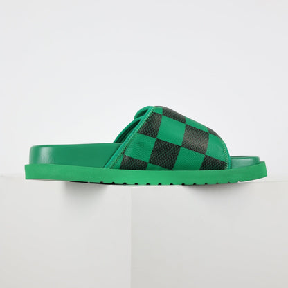 L***V Grass Green Black Damier Checkerboard Inflated Pillow Leather Velcro Double Strap Miami Slide Sandals — Spring Summer Boutique Limited Edition