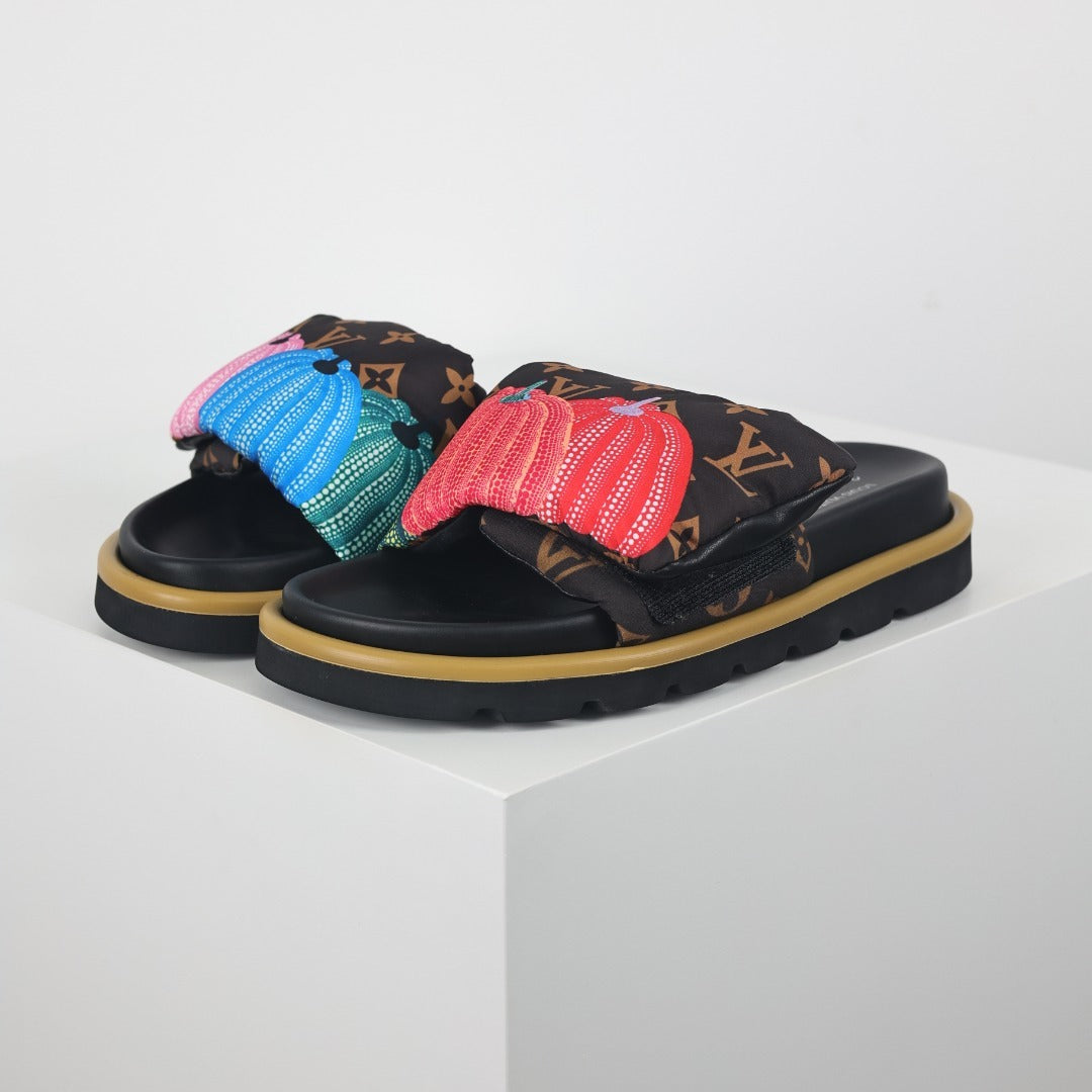 L***V Brown Monogram Canvas Multicolor Tassel Double Strap Platform Slide Sandals — Spring Summer Boutique Limited Edition