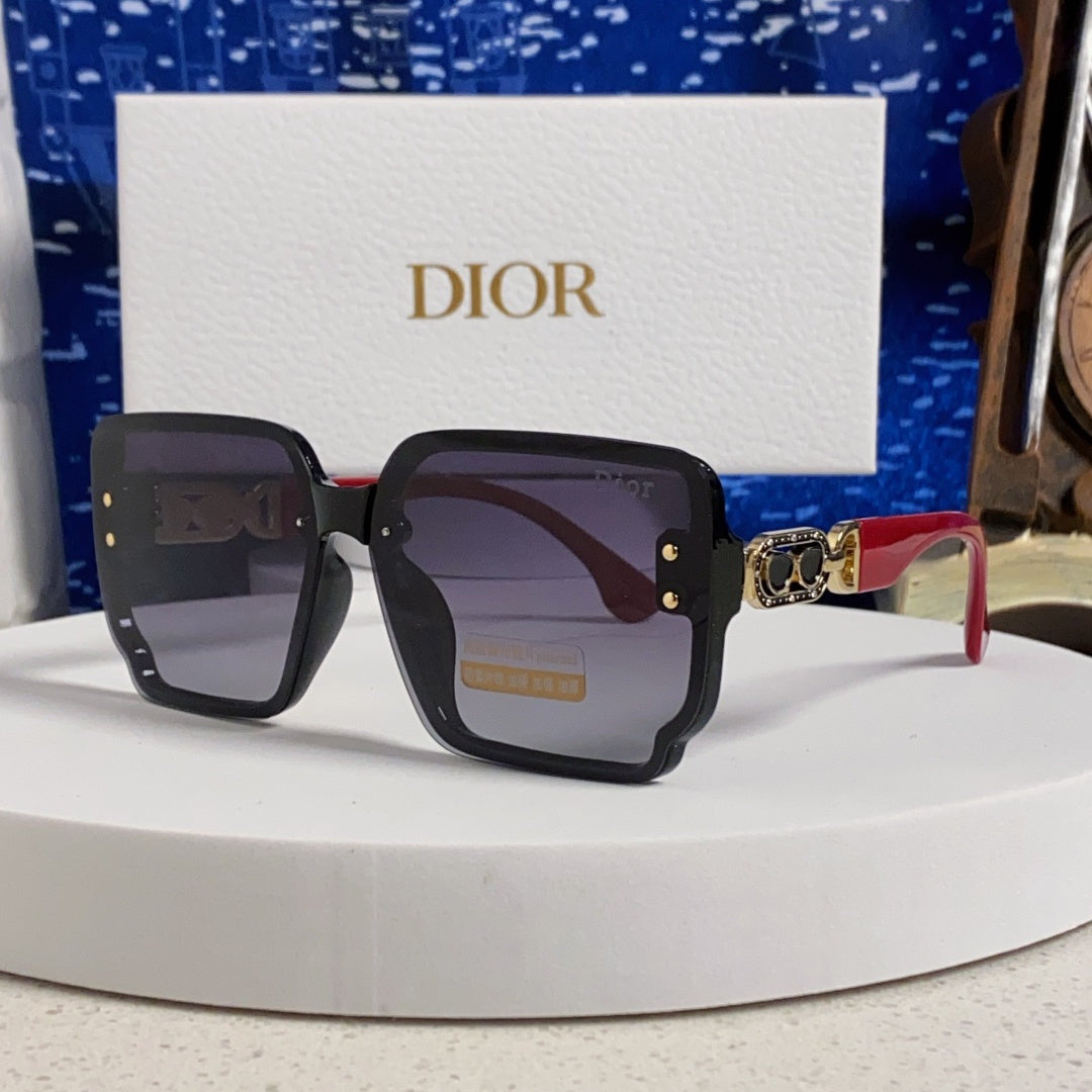 D**R Oversized Square Sunglasses | Black Frame, Red Temple, Gold CD Logo & Grey Gradient Lenses