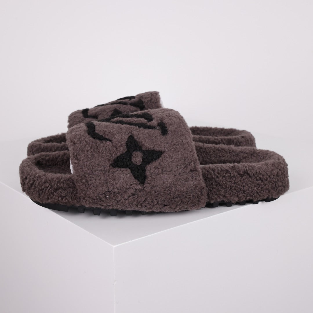 L***V Dark Chocolate Brown Tonal Monogram Shearling Lambswool Double Strap Slide Sandals — Autumn Winter Boutique Limited Edition