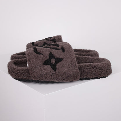 L***V Dark Chocolate Brown Tonal Monogram Shearling Lambswool Double Strap Slide Sandals — Autumn Winter Boutique Limited Edition