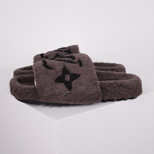L***V Dark Chocolate Brown Tonal Monogram Shearling Lambswool Double Strap Slide Sandals — Autumn Winter Boutique Limited Edition