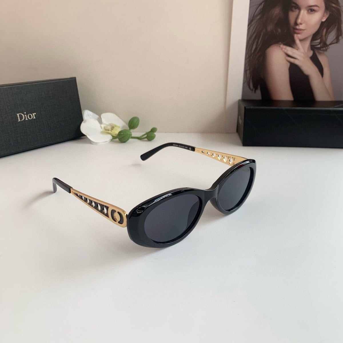 D**R Oval Sunglasses with Glossy Black Acetate Frame, Dark Grey Lenses & Gold Filigree Pearl Embellished Temple Hardware