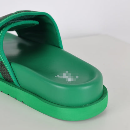 L***V Grass Green Black Damier Checkerboard Inflated Pillow Leather Velcro Double Strap Miami Slide Sandals — Spring Summer Boutique Limited Edition
