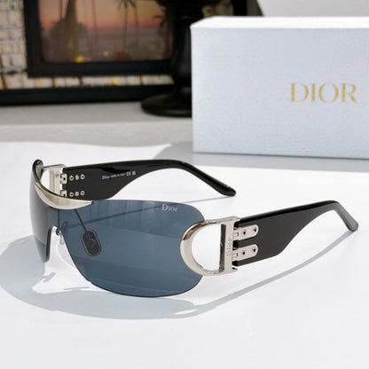 D**R Rimless Wraparound Shield Sunglasses with Grey Purple Gradient Lens, Black Temples & Oversized Gold CD Logo Hardware