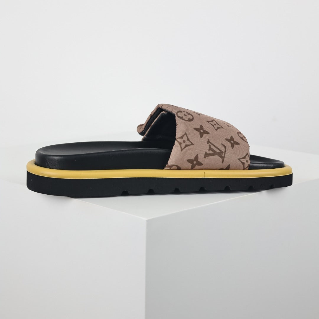 L***V Brown Classic Monogram Canvas Wide Strap Platform Slide Sandals — 2024 Spring Summer Boutique Limited Edition