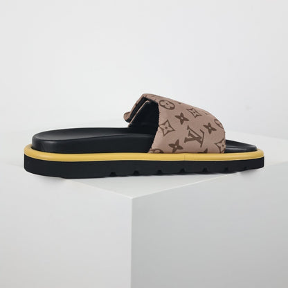 L***V Brown Classic Monogram Canvas Wide Strap Platform Slide Sandals — 2024 Spring Summer Boutique Limited Edition