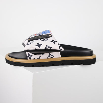 L***V White Multicolor Graffiti Monogram Velcro Adjustable Strap Slide Sandals — Spring Summer Boutique Limited Edition