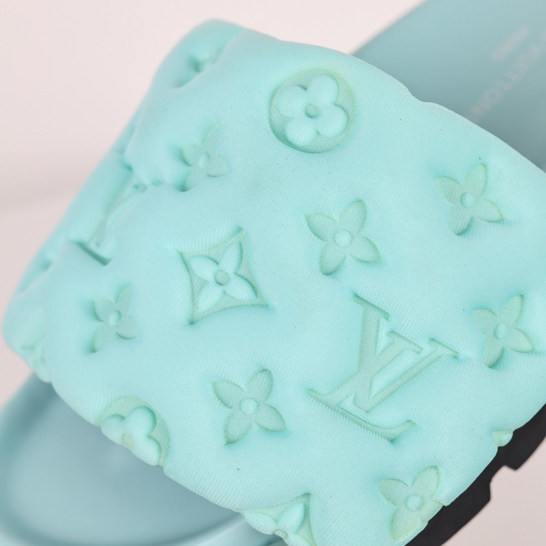 L***V Mint Green Tonal Monogram Puffy Quilted Wide Strap Platform Slide Sandals — 2024 Spring Summer Boutique Limited Edition