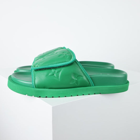 L***V Grass Green Inflated Pillow Leather Velcro Adjustable Wide Strap Miami Slide Sandals — Spring Summer Boutique Limited Edition