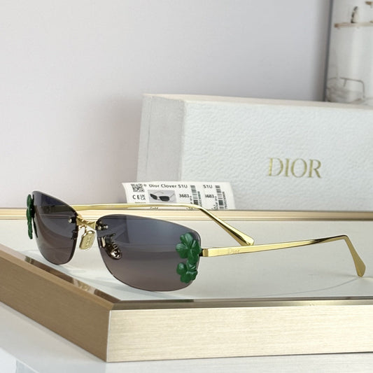 D**R Clover S1U Rimless Sunglasses | Gold Metal Frame, Dark Green Floral Detail & Grey Gradient Lenses | Multiple Colors