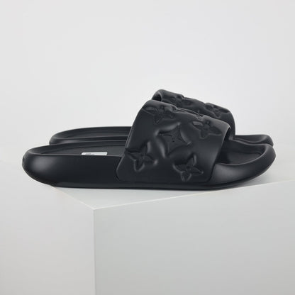 L***V All-Black Tonal Monogram Embossed EVA Waterfront Wide Strap Slide Sandals — Spring Summer Boutique Limited Edition