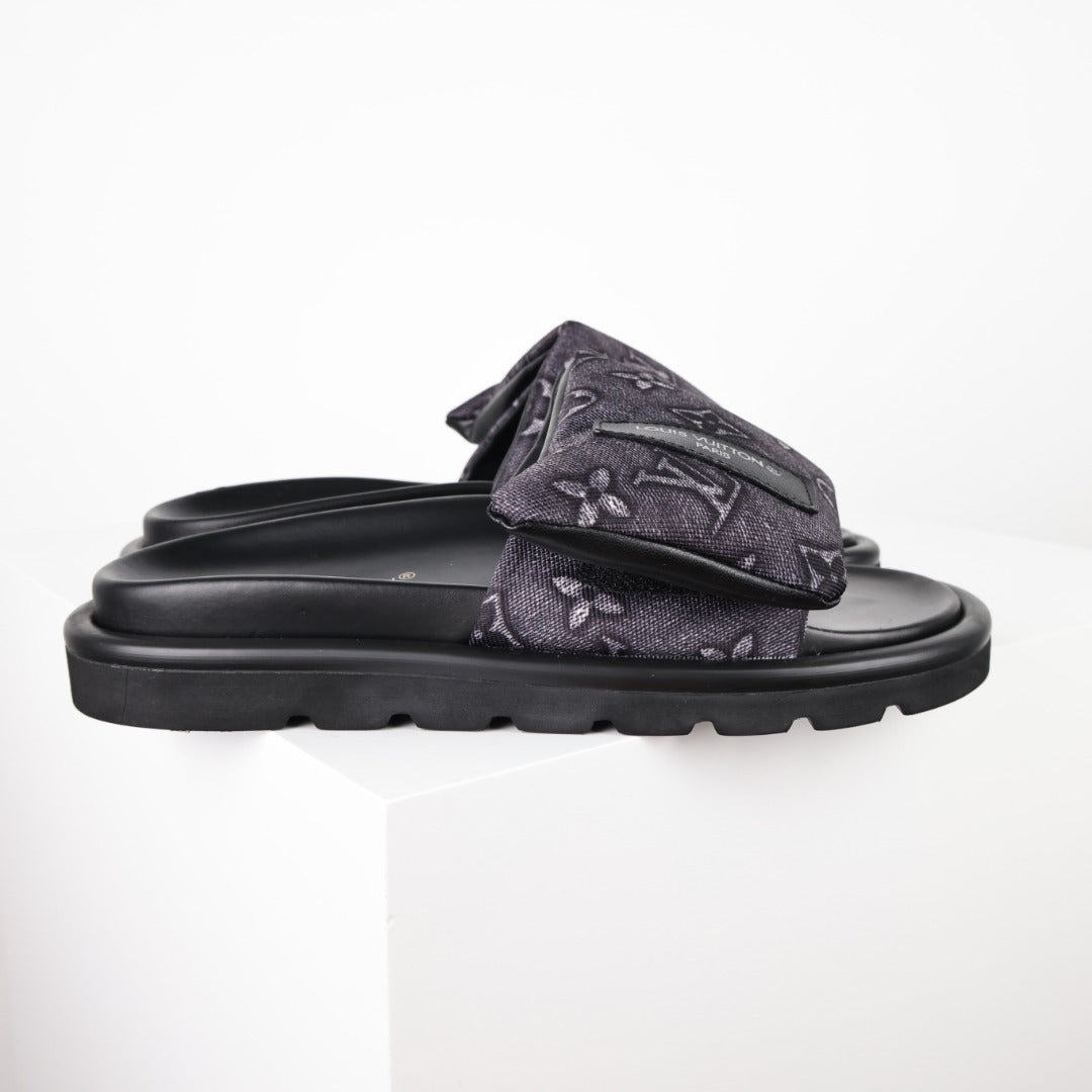 L***V Dark Grey Monogram Nylon Pool Pillow Comfort Wide Strap Slide Sandals — Spring Summer Boutique Limited Edition