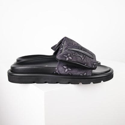 L***V Dark Grey Monogram Nylon Pool Pillow Comfort Wide Strap Slide Sandals — Spring Summer Boutique Limited Edition